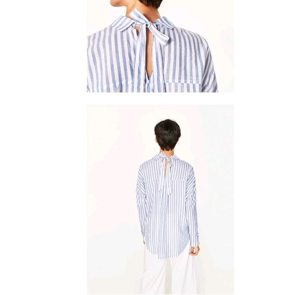 Zara Basic Striped Oversized Shirt M Blue White Back Bow ButtonUp Coastal Preppy